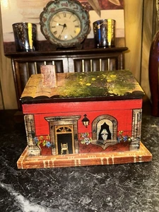 Vintage Hand-Painted Red House Wooden Trinket Box - Picture 1 of 7