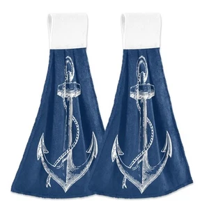 Nautical Anchor Hanging Hand Towels Set of 2 Navy Anchors Hand Towel Ocean Se... - Picture 1 of 7