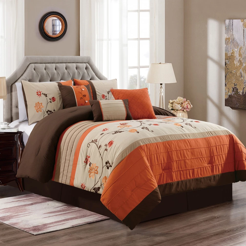Chezmoi Collection Serene 7-Piece Floral Scroll Embroidery Striped Comforter Set - Image 1 of 4