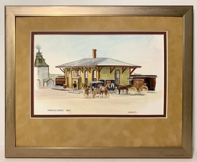 Винтажная акварельная картина Кейп-Код железнодорожный вокзал Harwick Mass. Fran Geberth - Изображение 1 из 4