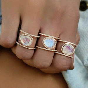 Boho Women Moonstone Retro Ring Ladies Oval 14k Rose Gold Gemstone Rings Gifts / - Picture 1 of 6