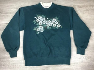 Vintage 80s Green Sweatshirt Floral Print Double Collar Normcore Women’s Size M - Picture 1 of 12