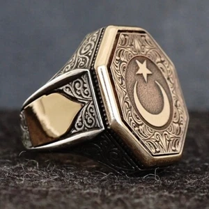Sterling Silver Crescent Star Solid Engraved Turkish Men's Ring Handmade Jewelry - Picture 1 of 24