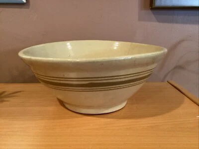 Antiguo cuenco mezclador amarillo bandas a rayas marrones 12,25" gres grande Foto 1 de 4