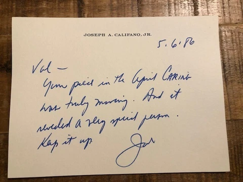 1 ORIGINAL Note to Val Halamandaris/NAHC Fm: Joseph A. Califano,Jr./Fmr Sec Hlth Cover