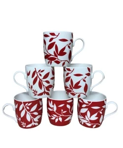 6 Red Coffee Mugs Fine Bone China White Red Leaf Mugs Ray LEAF PATTERN - Picture 1 of 4