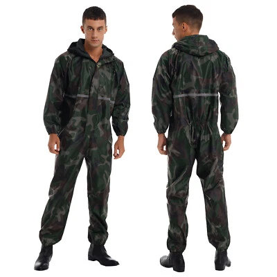 Unisex Mens Waterproof Coveralls Workwear Long Sleeve Hooded Rain Suit Romper - Image 1 of 3