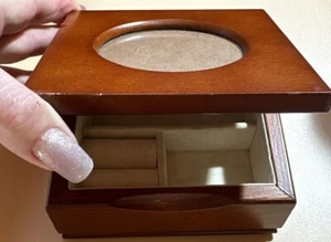 Vintage Wood Jewelry Box 5” With Picture Frame Top Metal Hinges - Picture 1 of 7