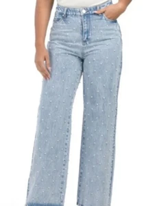 Women's L Light Wash The Franklin Pearl Studded High Rise Wide Leg Jeans RT$149 - Picture 1 of 5