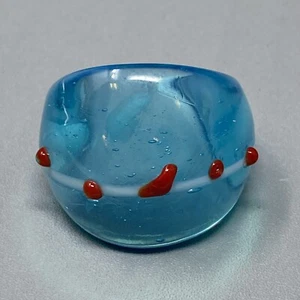 Blown Glass Art Ring Blue White Red Polka Dots Murano Bubble .9" Wide Dome 8.25 - Picture 1 of 7