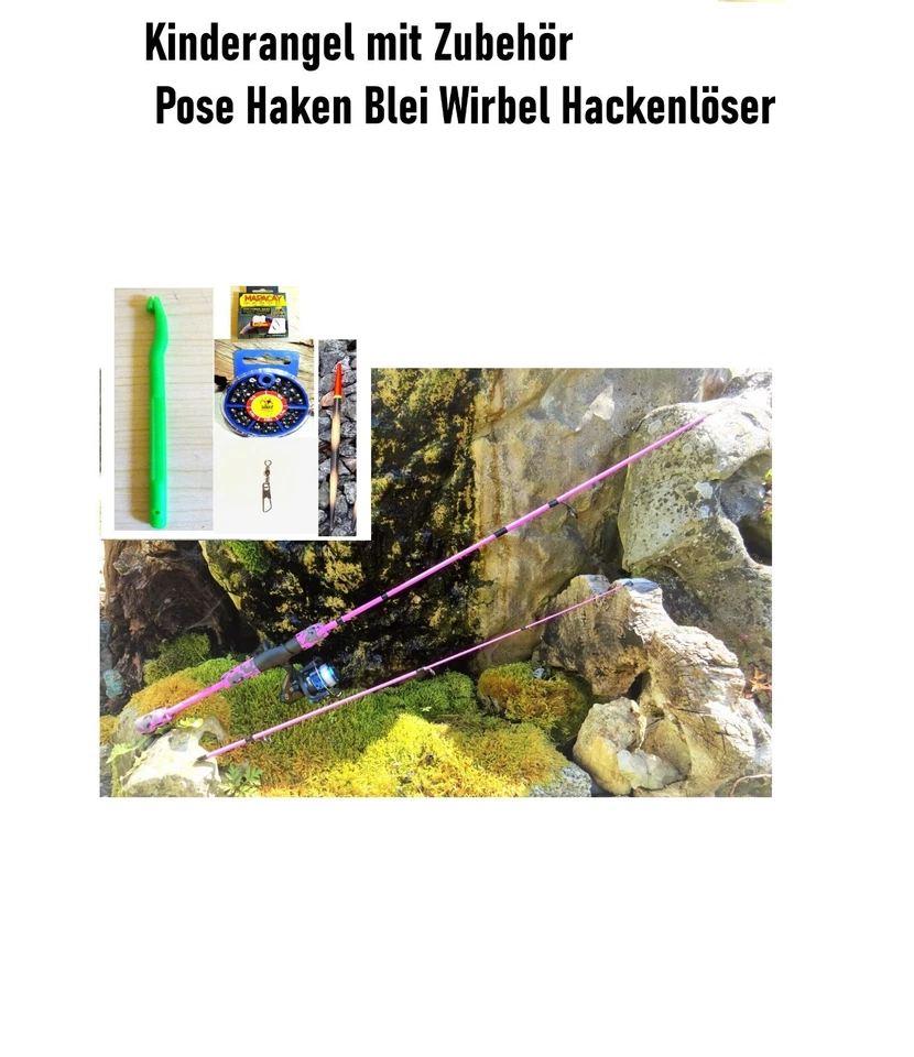 NGH.SHOP Kinder Angel Komplettset Pink Kinderangelrute 1,70 m Rolle mit Schnur Reiserute