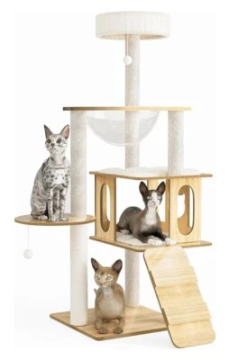 Torre de árbol de madera para gatos 48” árbol moderno para gatos de madera con poste rascador, resistente Foto 1 de 4