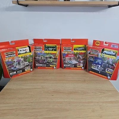 Matchbox Action Bundles w/4 Vehicles- Pizza Hut, Bus Station, FedEx, Police NIB - Image 1 of 4