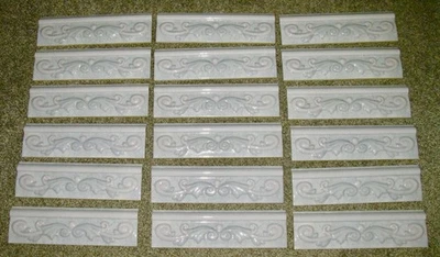 Embossed Raised Floral Ceramic Wall Tile approx 10" x 3" Light Teal - Set of 18 - Image 1 of 4