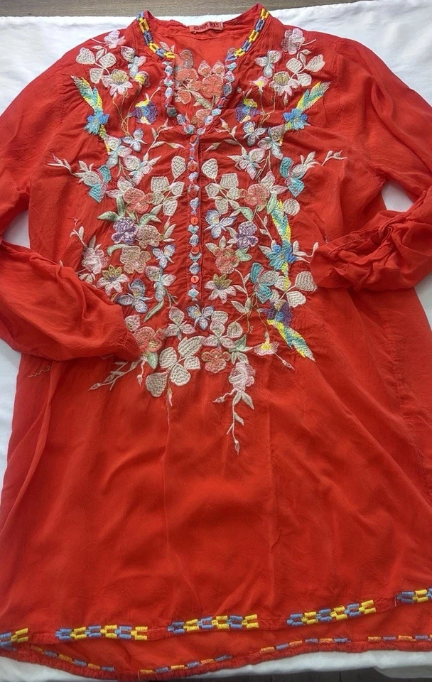 Johnny Was Viola Embroidered Floral Tunic Medium Red Elaborate Embroidery - Image 1 of 4
