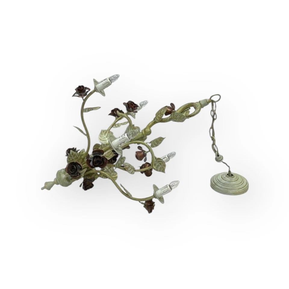 Vtg Italian Tole Chandelier Metal Roses Hanging Light Fixture 5-Lights Reclaimed - Image 1 of 4