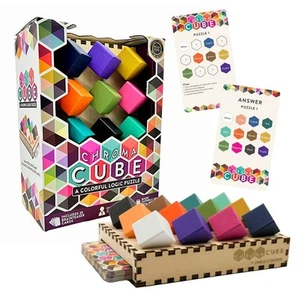 Chroma Cube Colorful Logic Puzzle 12 Wood Blocks 25 Brainteaser Cards Game - Picture 1 of 9