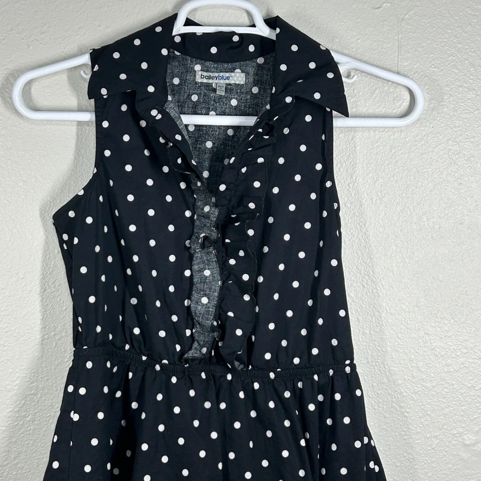 baileyblue Dress Women L Black White Polka Dot Sleeveless Collared Ruffle Button - Image 1 of 4