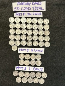 1927 MERCURY DIMES ROLL Total Of 55 Coins 1927 P D S 90% Silver - Picture 1 of 24