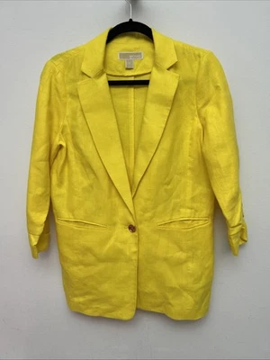 Blazer Michael Kors Lino, Amarillo, 1 Botón, Manga Fruncida 3/4, Mujer’s Talla 6 Foto 1 de 4