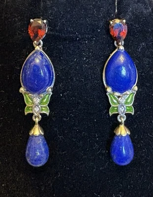 Brincos de gota de lápis-lazúli TJC granada diamante esmalte borboleta ouro 925 Vermeil - Imagem 1 de 4