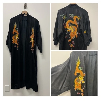 Accappatoio kimono seta cinese ape dorata vintage unisex drago ricamo a mano taglia S - Immagine 1 di 4