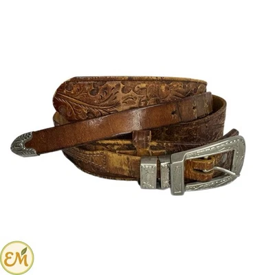 Cinturón de cuero vintage tocado a mano occidental rústico envejecido boho vaquera plateado Foto 1 de 4