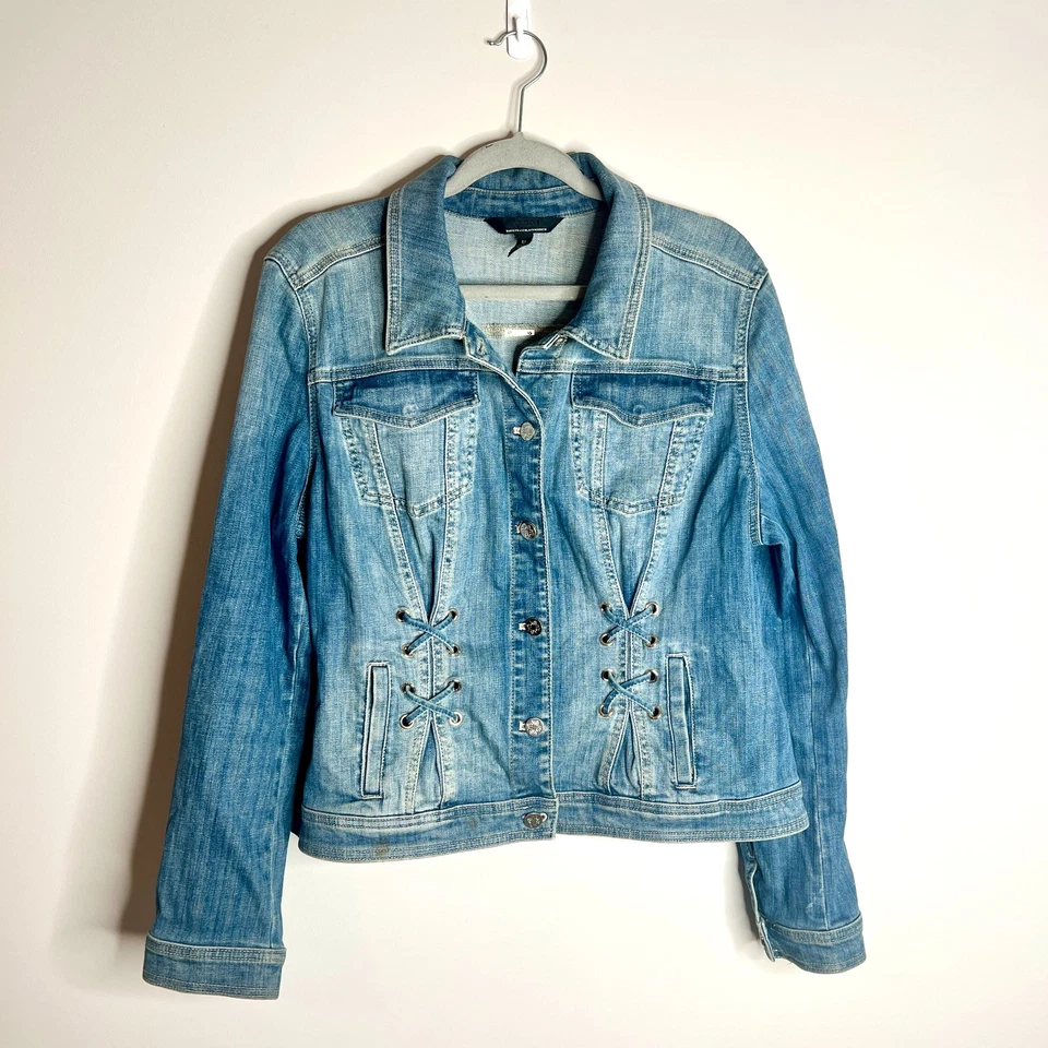 Chaqueta vaquera vaquera WHBM detalle con cordones Western Boho cuello clásico preppy XL Foto 1 de 4