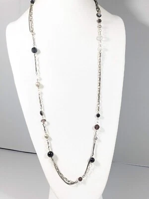 Collar largo multi cadena gris acrílico negro tono plata 36 pulgadas Foto 1 de 4