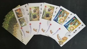 Malaysia zahm und wild 2002 Goldfisch Kugelhase Papagei Eule Vogel Katze (FDC Set - Bild 1 von 7