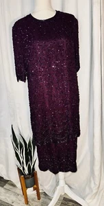 Brilliante By J.A. Vintage Beaded Sequin Dress Size 1X Plum Formal 100% Silk - Picture 1 of 12
