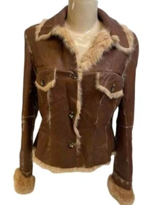 Rare Cache Brown Buttery Leather Fur Jacket L Patchwork Penny Lane Trucker 10027 - Picture 1 of 10