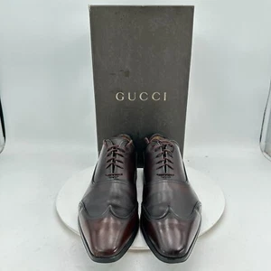 Gucci Men Size 10D Black Dark Brown Leather Wingtip Lace Up Oxford Dress Shoes - Picture 1 of 12