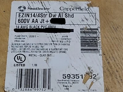 Armadura de aluminio Southwire EZ-IN 14/4C blindada mini-dividida THHN recubierta de PVC/25 pies Foto 1 de 4