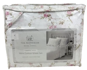 The Farmhouse Rachel Ashwell King Sheet Set Pink Floral White Cotton Garment Was - Picture 1 of 13