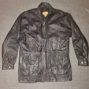 Vintage Pops Leather Black/ Dark Brown Field Jacket Size Large Cinch Waist - Picture 1 of 14