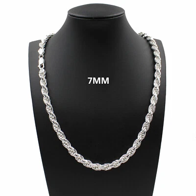 Collar CADENA CUERDA CORTE DIAMANTE ITALIANO PLATA ESTERLINA 925 MACIZA 7 MM UNISEX Foto 1 de 4