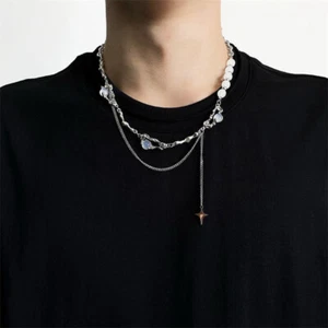 Women's and Men's Collarbone Chain Bead Splicing Tassel Square Star Necklace - Picture 1 of 7