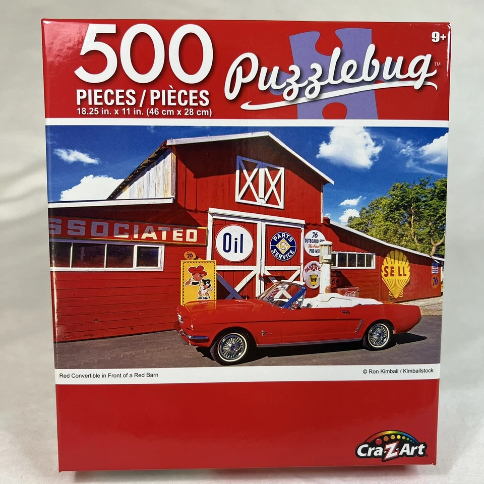 Puzzlebug 500 Piece Jigsaw Puzzle Red Convertible In Front Of Big Red Barn NEW - Image 1 of 4