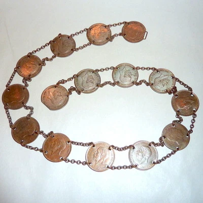 Cinturón Moneda Centavo Vintage 28" Inglaterra 15 Cobre 1930 + España Alfonso 1879 Cobre Foto 1 de 4