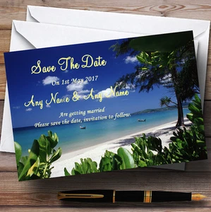Thailand Beach Palm Tree Personalised Wedding Save The Date Cards - Picture 1 of 1