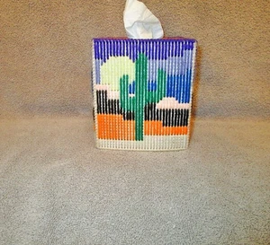 Vtg Cross Stitch Plastic Canvas Tissue Box Cover Saguaro Desert Sunrise Cactus - Picture 1 of 7