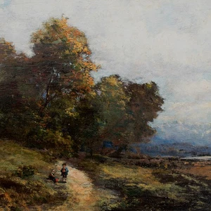 Ludwig Correggio Landschaft Wanderer Wald Wolken Öl auf Holz signiert 1882 - Bild 1 von 4