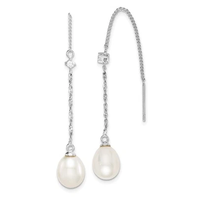 Sterling Silver Teardrop Pearl And Cubic Zirconia Drop Threader Earrings - Image 1 of 4