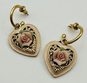 VTG Gold Tone Pink Porcelain Enamel Victorian Rose Heart Shape Filigree Earrings - Picture 1 of 6