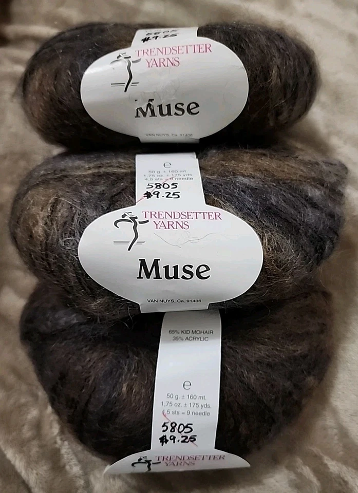 Trendsetter Hilos Hilo Musa 65% Mohair Niño 35% Acrílico 50g 175 yardas Lote de 3 Foto 1 de 4
