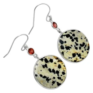 Natural Dalmatian & Garnet 925 Sterling Silver Earrings Jewelry E-1002 - Picture 1 of 5