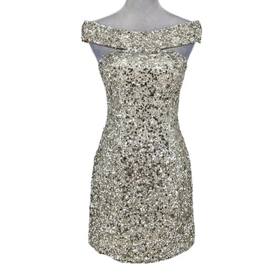 Scala Dress Womens 2 Silk Silver Sequins Off Shoulder FLAW Some sequins missing - Image 1 of 4