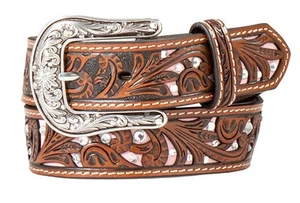 Ariat Western Girls Belt Leather Pink Underlay Floral Crystals Brown A1307530 - Picture 1 of 1