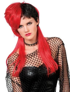 Langhaarperücke Punk schwarz-rot asymmetrisch Damenperücke Rockerperücke - Bild 1 von 1